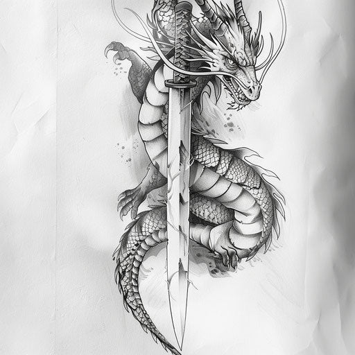 Legendary dragon wrapped around a mystical sword, tattoo design on white background