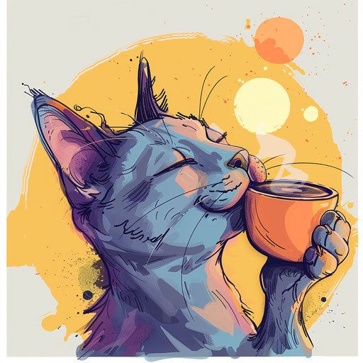 Whimsical tattoo sketch of a cat drinking coffee