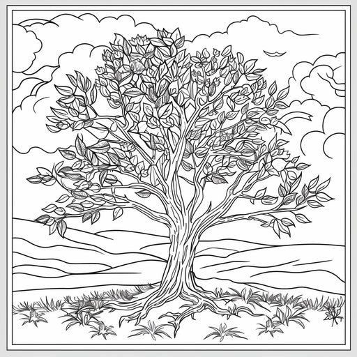 A tree with branches and a few leaves. Coloring book page