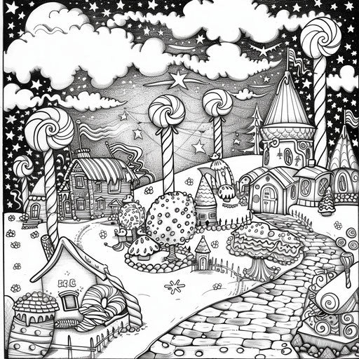 Magical candy land, in the style of Mindy Sommers, coloring book page