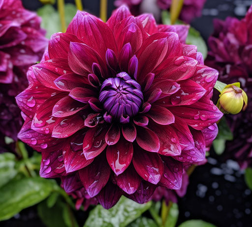 Purple Dahlia Flower in a Garden, Dark Red Color Scheme