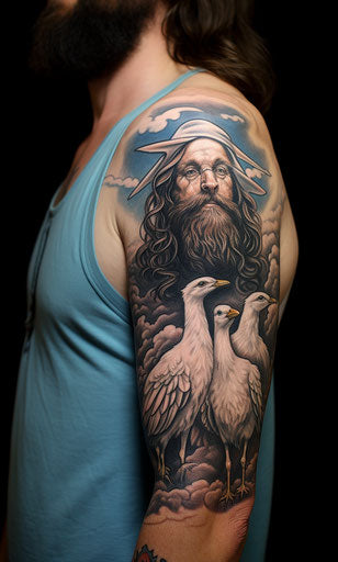 Wooden tattoo design of Jesus over a flock of sheep