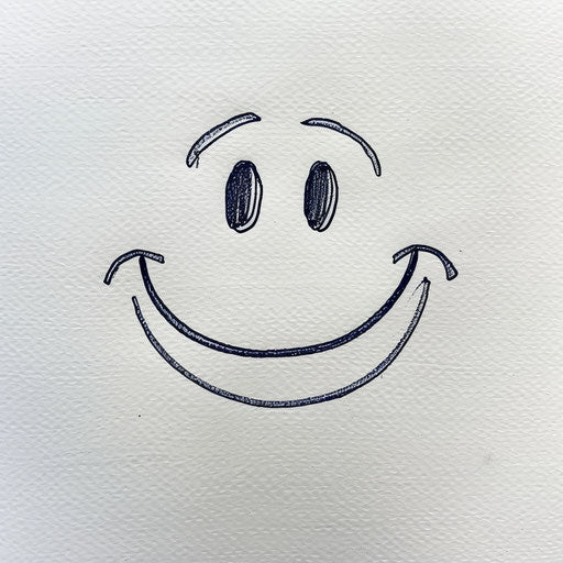 Drawing of smiley face tattoo with elegant, fine lines, subtle shades, on white paper