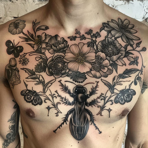 Men's chest tattoo with detailed insect designs