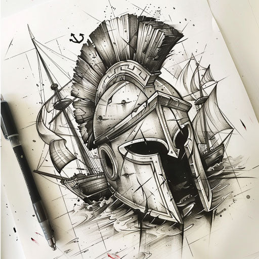 Nautical-themed spartan helmet tattoo sketch with sailing ships and anchors