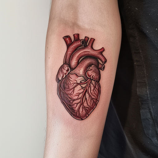 3D anatomical heart tattoo on pure white background