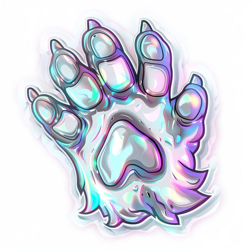 Futuristic sketch of a bear paw with silver metallic shades and holographic effects