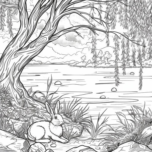 Serene landscape with Easter bunny by calm river under willow.