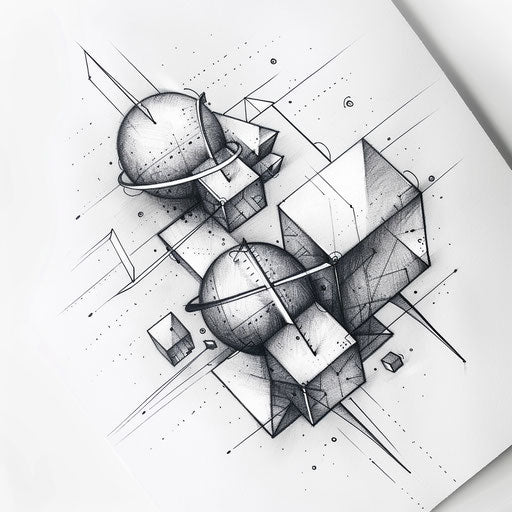 Futuristic geometric tattoo concept with 3D cubes and spheres intertwined, showcased on a clean white background.