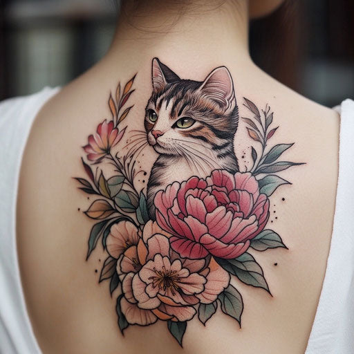 Flower tattoos for women with a cat surrounded by blooming peonies, in the style of Humberto Ramos