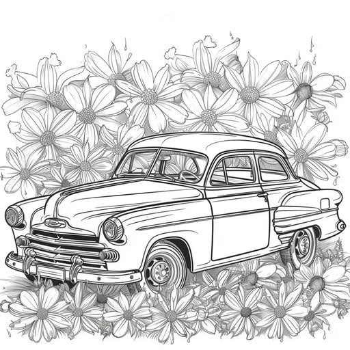 Vintage car surrounded by blooming flowers