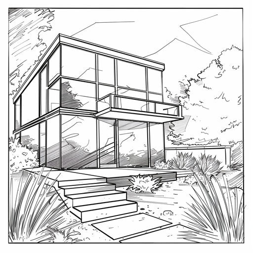 Modern minimalist house with large windows and sleek garden