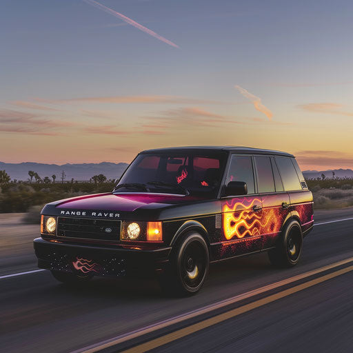 Customized Range Rover with supercharged engine on deserted highway at dusk