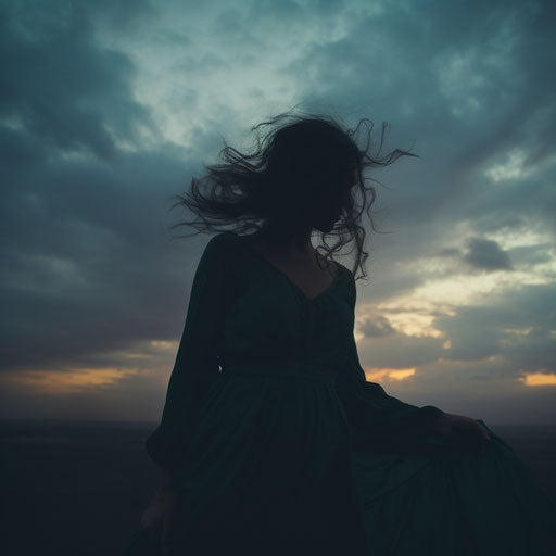 Feminine silhouette against sunset sky, dark teal and dark purple style