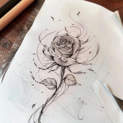 Energetic flat tattoo sketch of a rose with wind-blown petals and dynamic movement