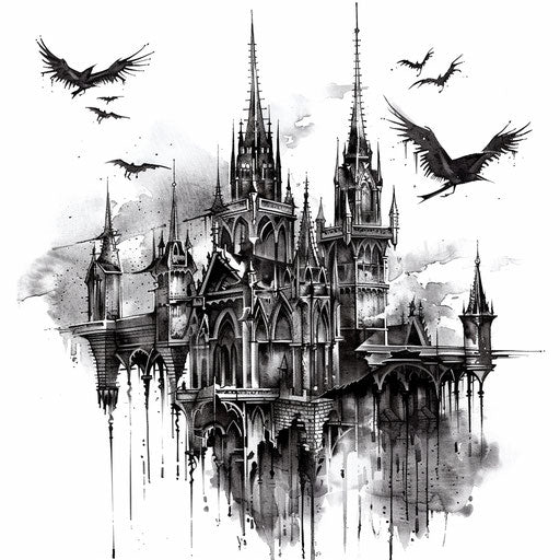 Gothic cathedral with flying gargoyles, dark and moody tattoo design on white background