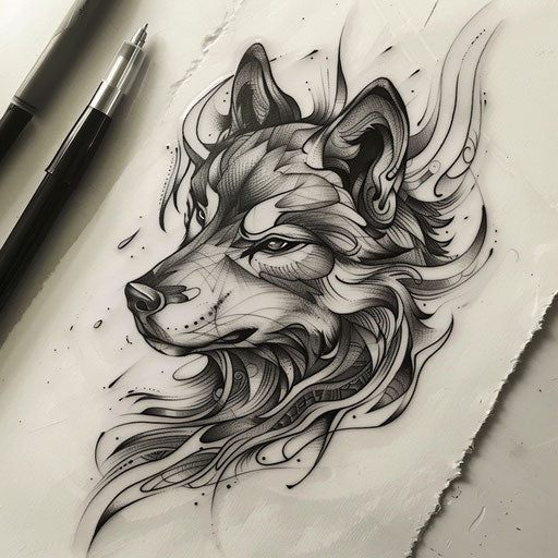Dynamic flat tattoo sketch of an obsidian wolf in tribal style