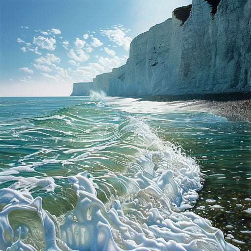 White Cliffs of Dover with crystal clear waves breaking against them