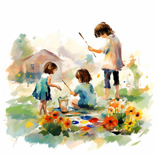 Preschool clipart in the style of Impressionistic Art, on a white background