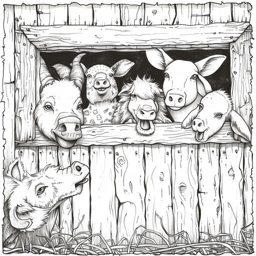 Curious farm animals at the barn window