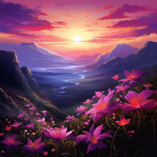 Flowers at sunset with mountain peaks