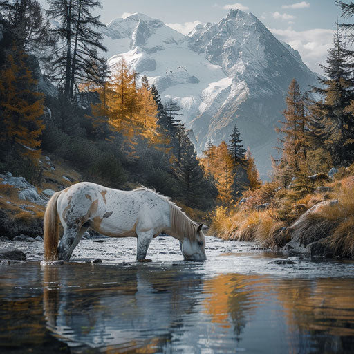 Wild horse drinking in a river with a mountain backdrop