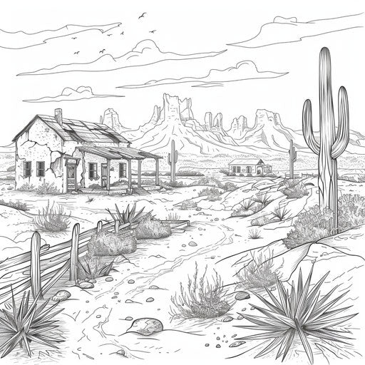 Desert with an old cowboy town and tumbleweeds