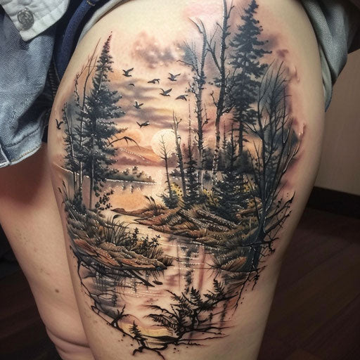 Serene landscape realism tattoo on thigh