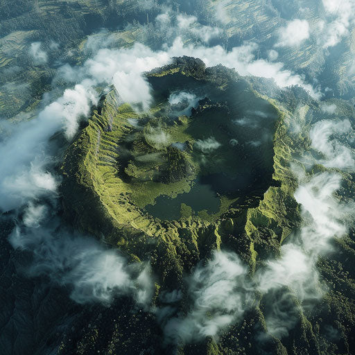 Aerial view of Mount Batur's crater and surrounding forests