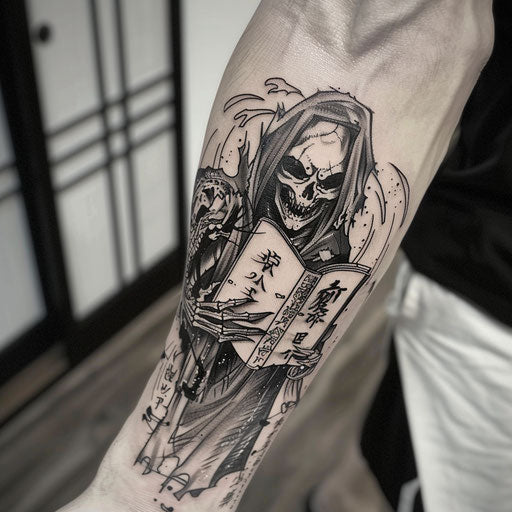 Bold and dark flat tattoo sketch with a shinigami holding the book of life and death