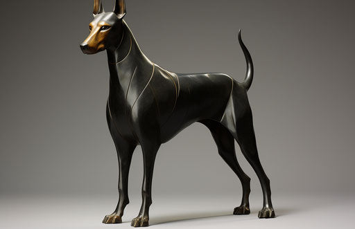 Doberman in dark gold and black style, 500-1000 CE, Jean Fouquet, distinctive stylistic range 17:11