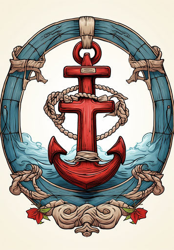 Vintage illustration of buoy, life raft, and anchor