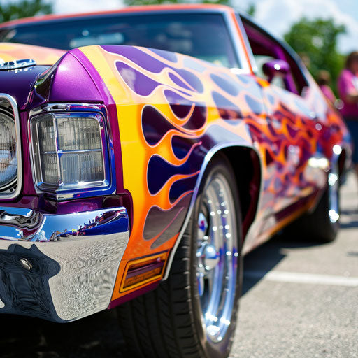 Vibrant hotrod of the 1976 Malibu Classic, flames painted along the sides, at a classic car show