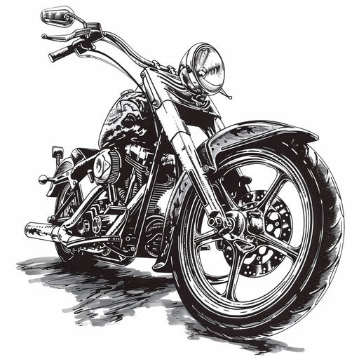 Detailed black and white motorcycle tattoo design on pure white
