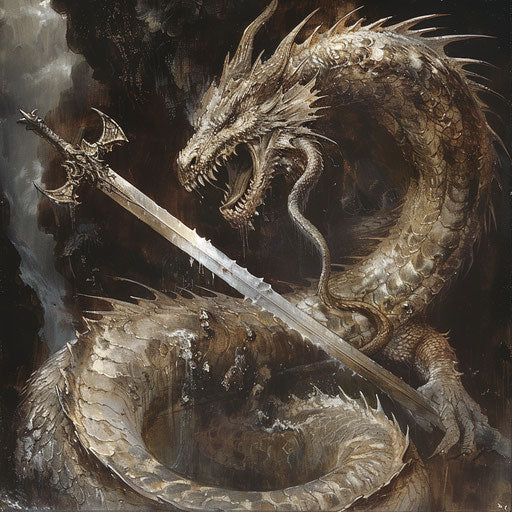Fierce dragon coiling around a sword