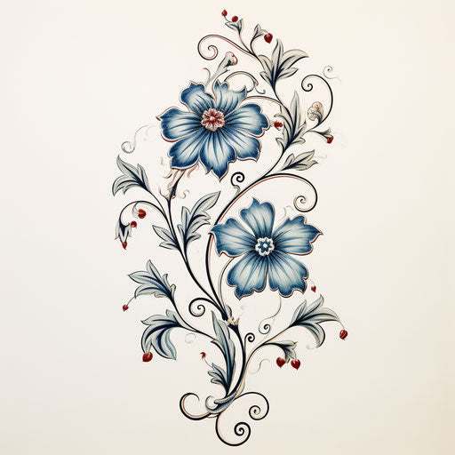 Flower with vines, ornamental motifs, simple line drawings