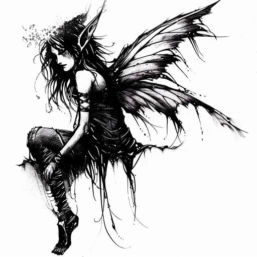 Gothic fairy tattoo design with dark wings on white background