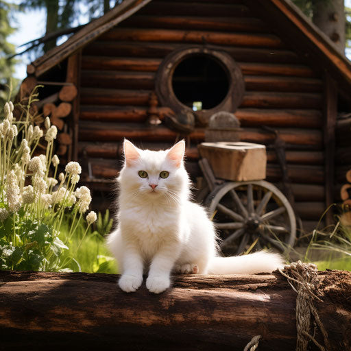 White cat sitting in front of a log cabin