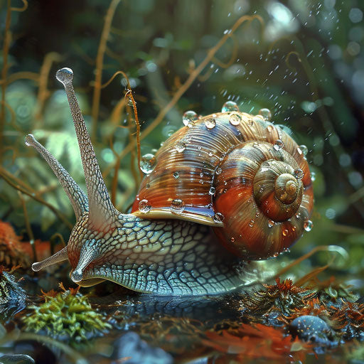 Snail with rain droplets on its body
