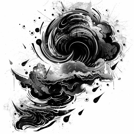 Dynamic flat tattoo sketch of a storm with motion effects and splattered raindrops