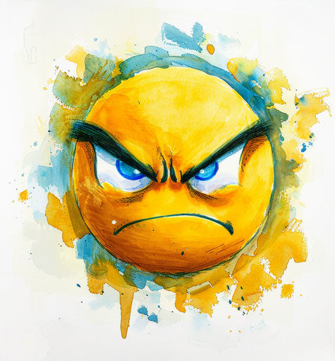 Emotive illustration of a yellow and angry face with blue and yellow eyes