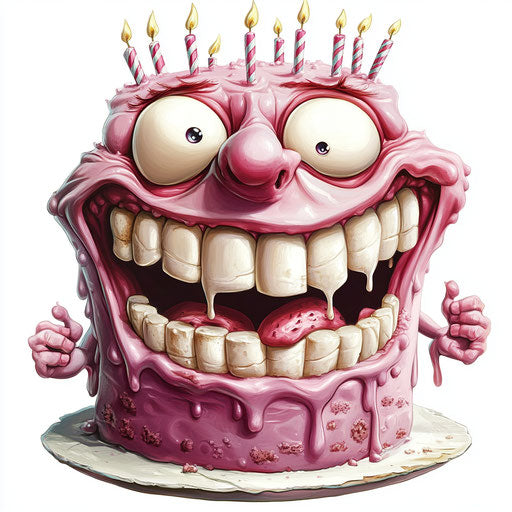 Humorous caricature of a birthday cake with human characteristics