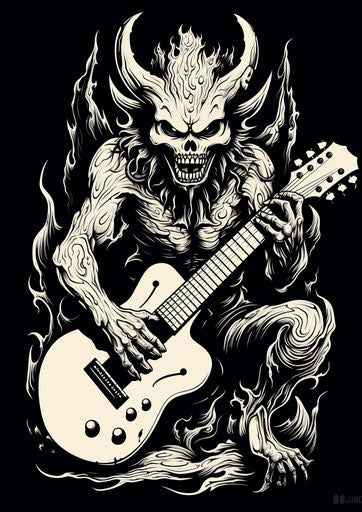 Black and white demon with guitar icon, devilcore style, carving 27:38