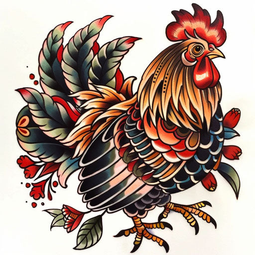Traditional Japanese style rooster tattoo on white background