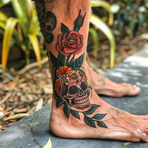 Ankle tattoos in the style of Ed Hardy featuring a traditional rose and skull