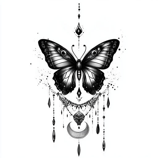 Butterfly and tribal patterns in black ink on white