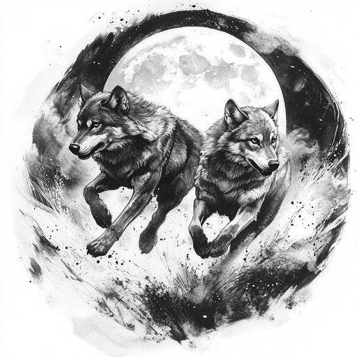 Father son tattoos of two wolves running under a full moon