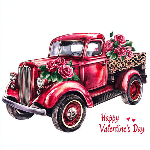 1930s-style red truck with roses and leopard print in the bed, text 'Happy Valentine's Day', white background