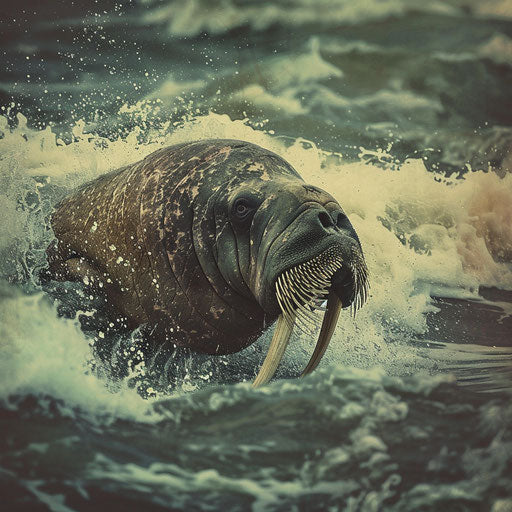 Walrus emerging from the ocean, water cascading off its body