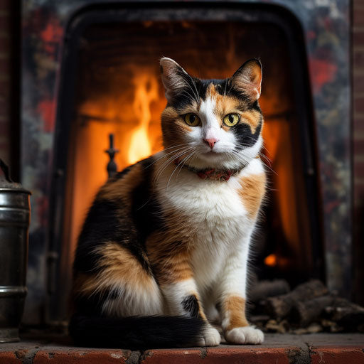 Calico cat in front of a fire in a fireplace